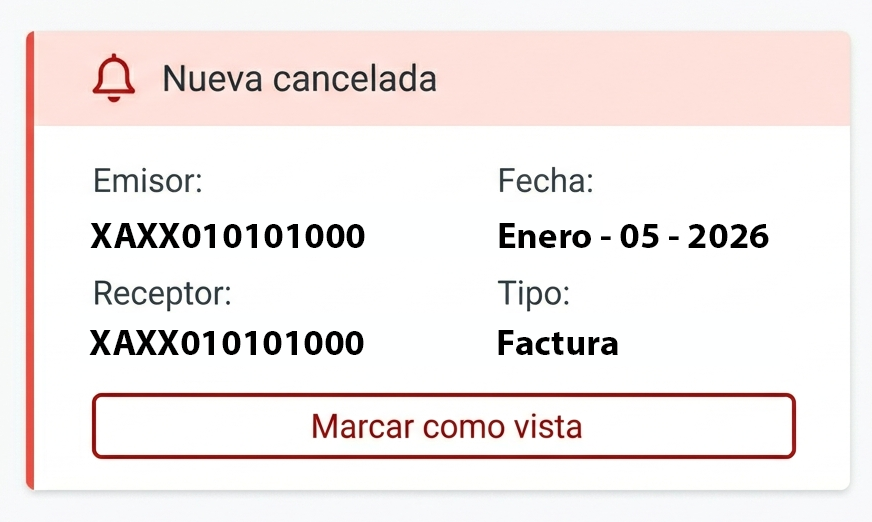 Alerta de CFDI cancelado con detalles del comprobante